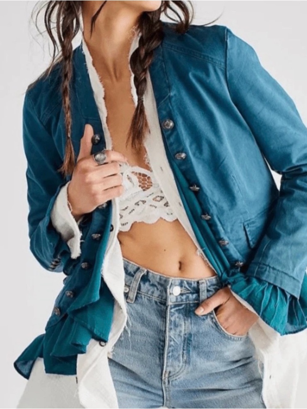 Free People Ruffle Romance Jacket Dark Teal Sz Small